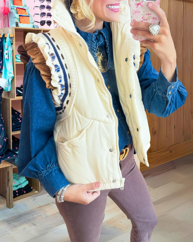 Ruffled Zippered Padded Jacket Vest