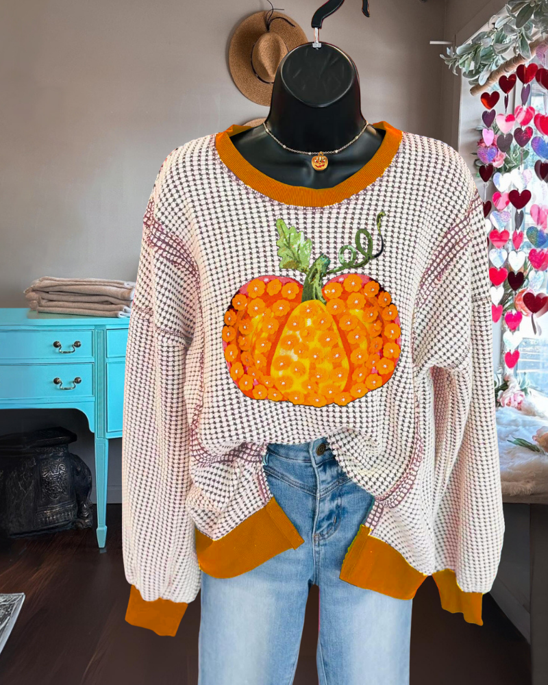 Sequin Pumpkin Waffle Knit Sweatshirt