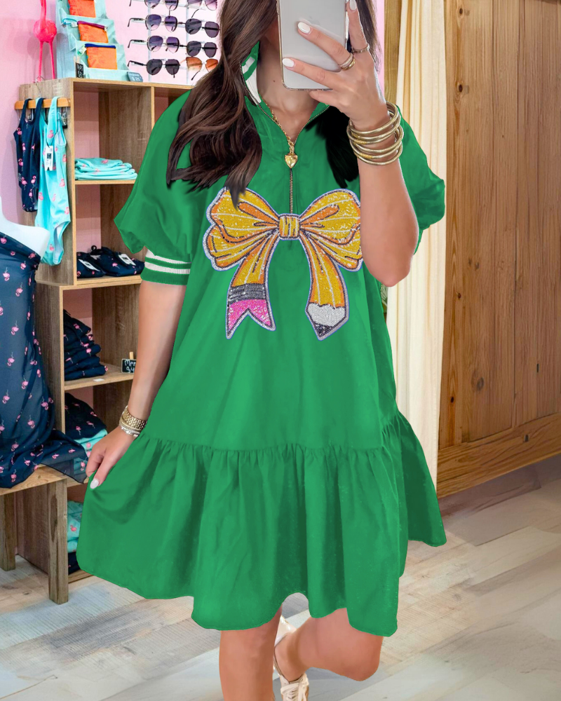 Playful Bow Pencil Half-Zip Dress