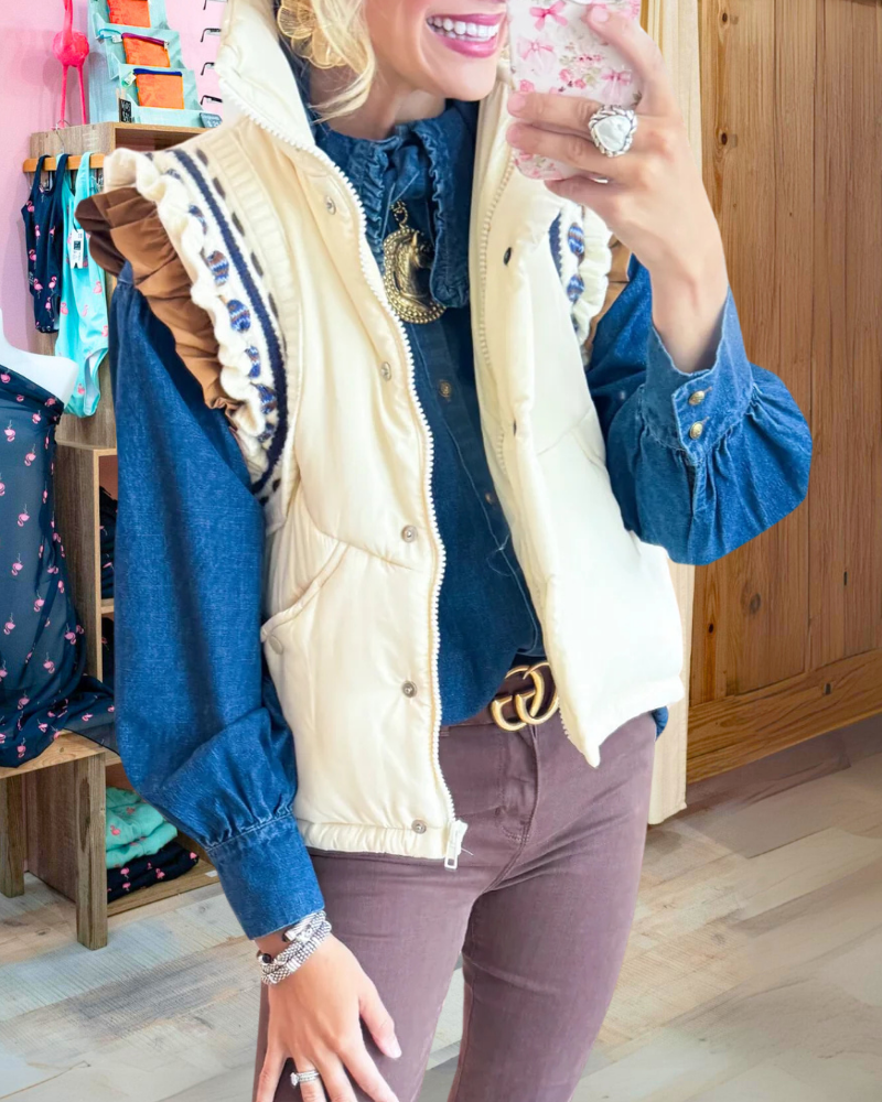Ruffled Zippered Padded Jacket Vest
