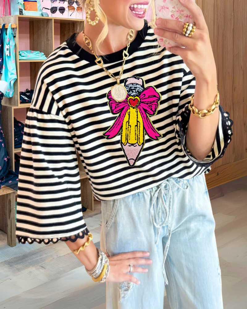 Embroidered Pencil Striped Top