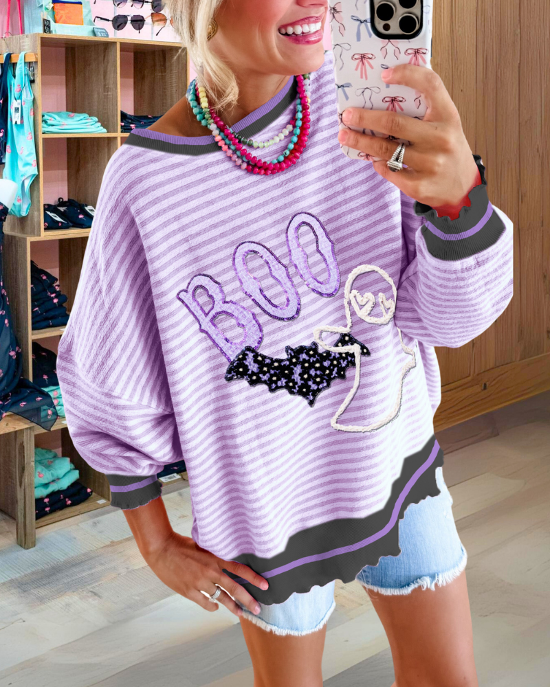 Cute Halloween BOO Ghost Bat Striped Sweatshirt