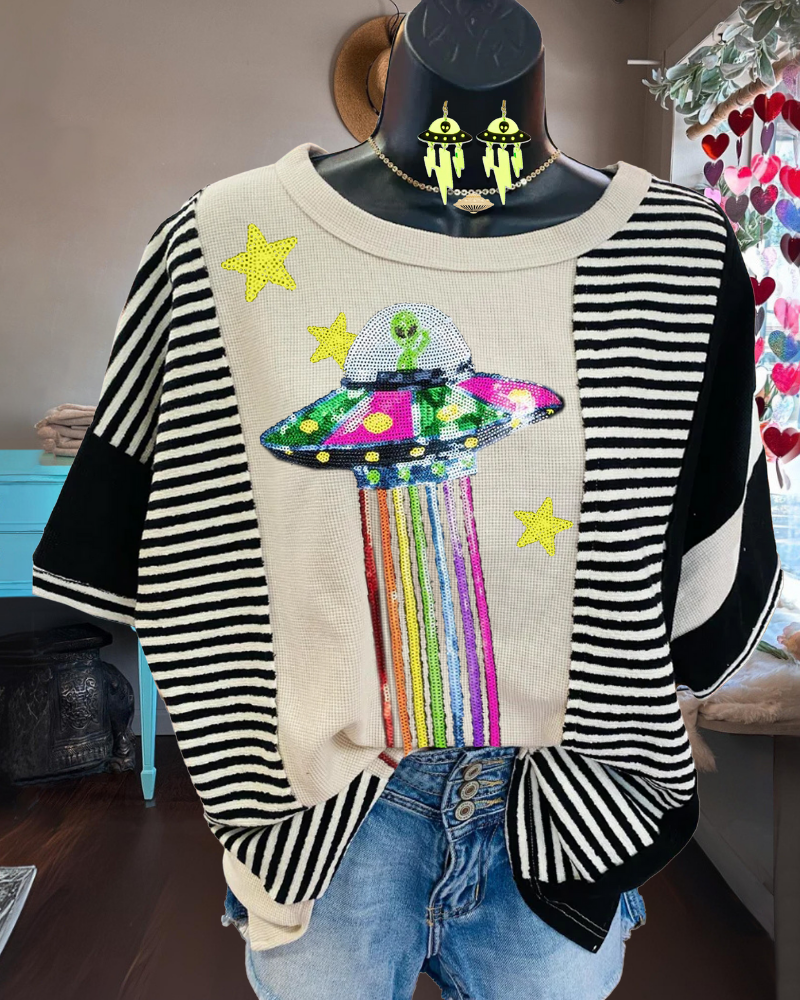 Colorful UFO Sequin Striped T-shirt