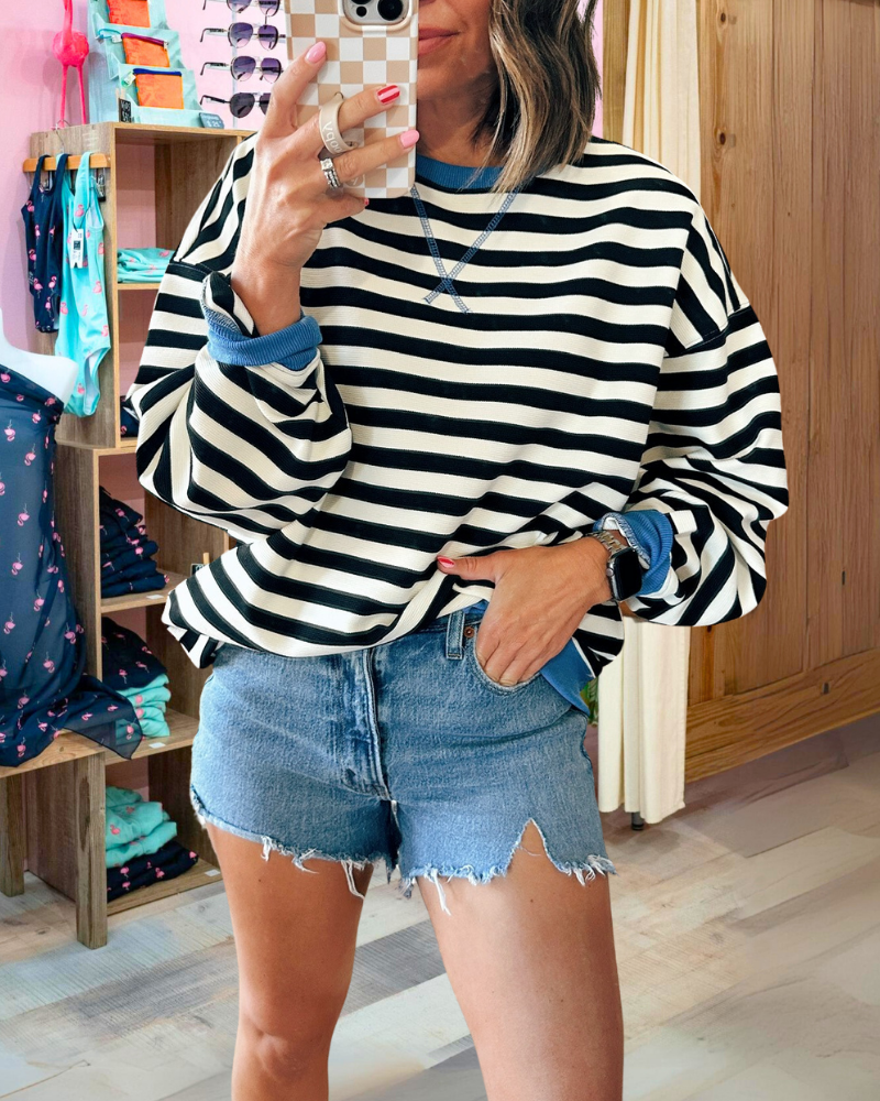 Classic Contrast Trim Striped Sweatshirt