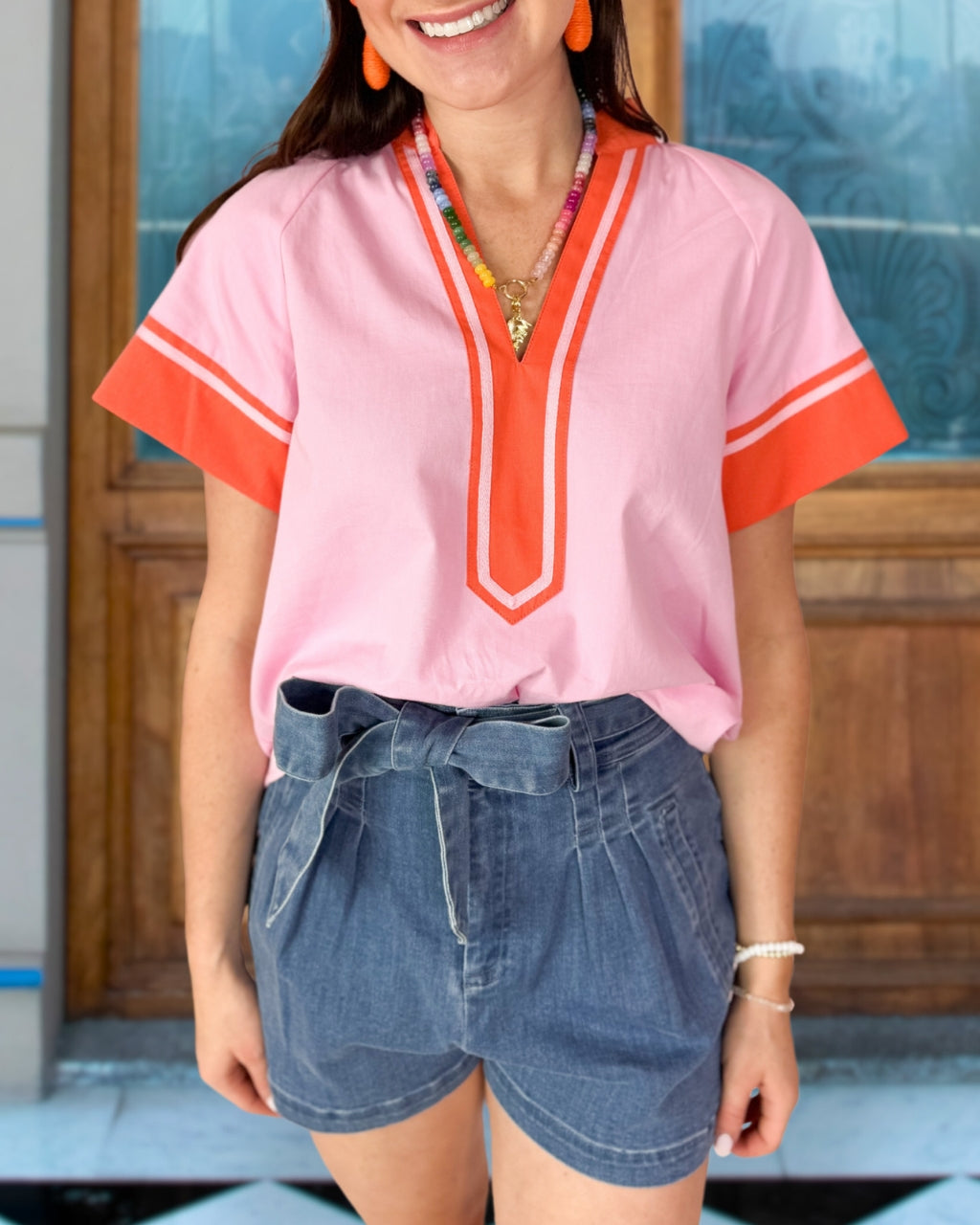 Poplin Orange&Pink Colorblock Top
