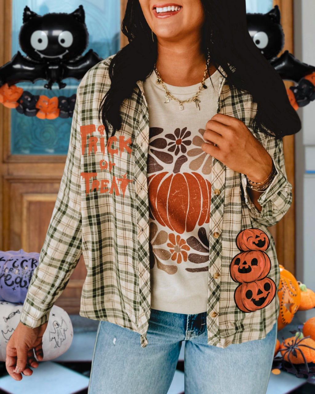 Whimsical Halloween Pumpkin Graphic Plaid Shirt