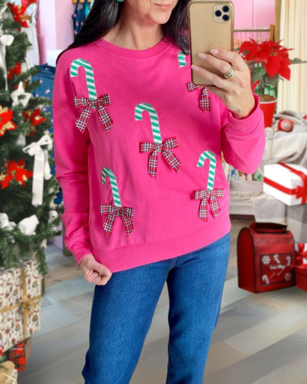 Festive Embroidered Candy Cane Bow Sweatshirt