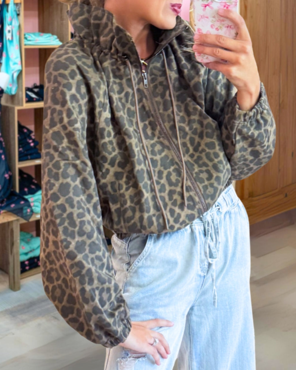 Washed Leopard Zip Up Jacket