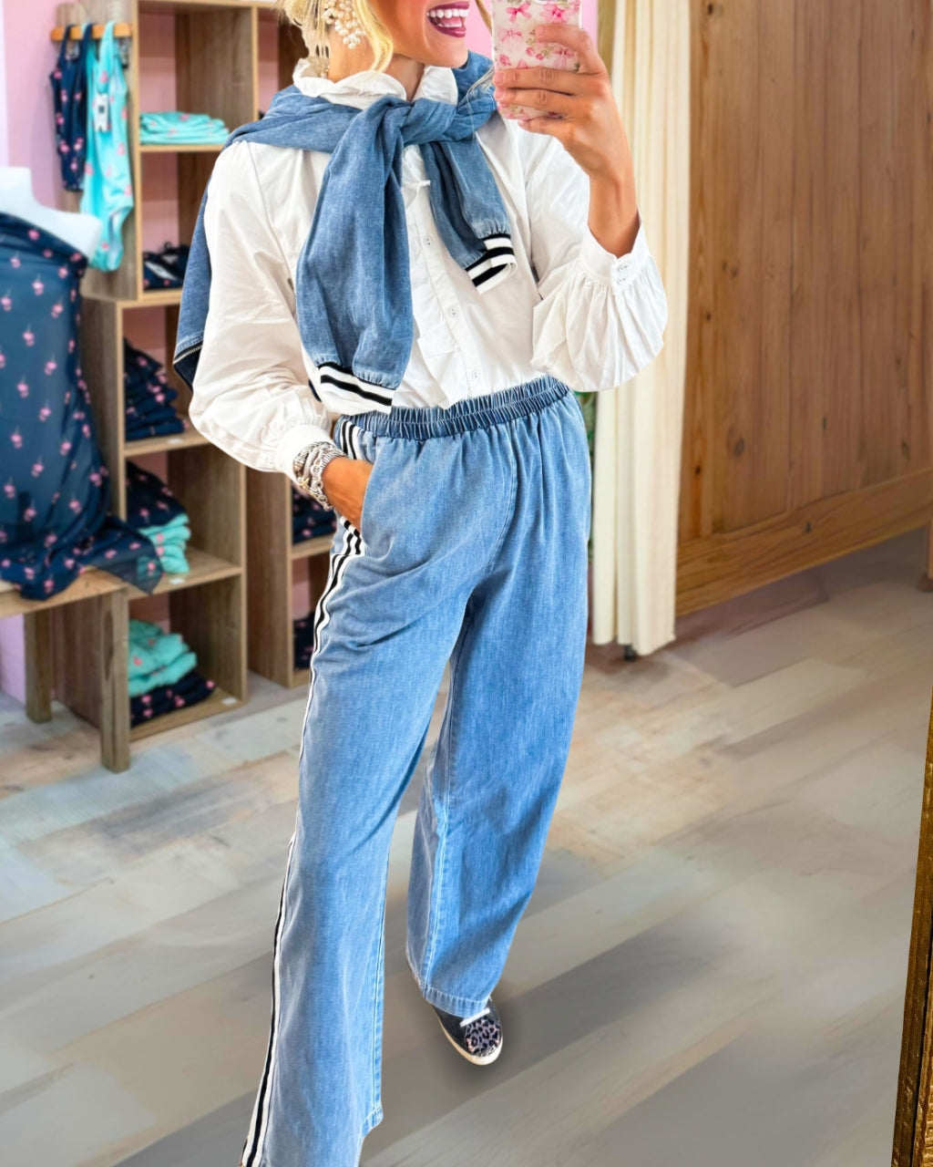 Chic Wide Leg Denim Side Stripe Pants