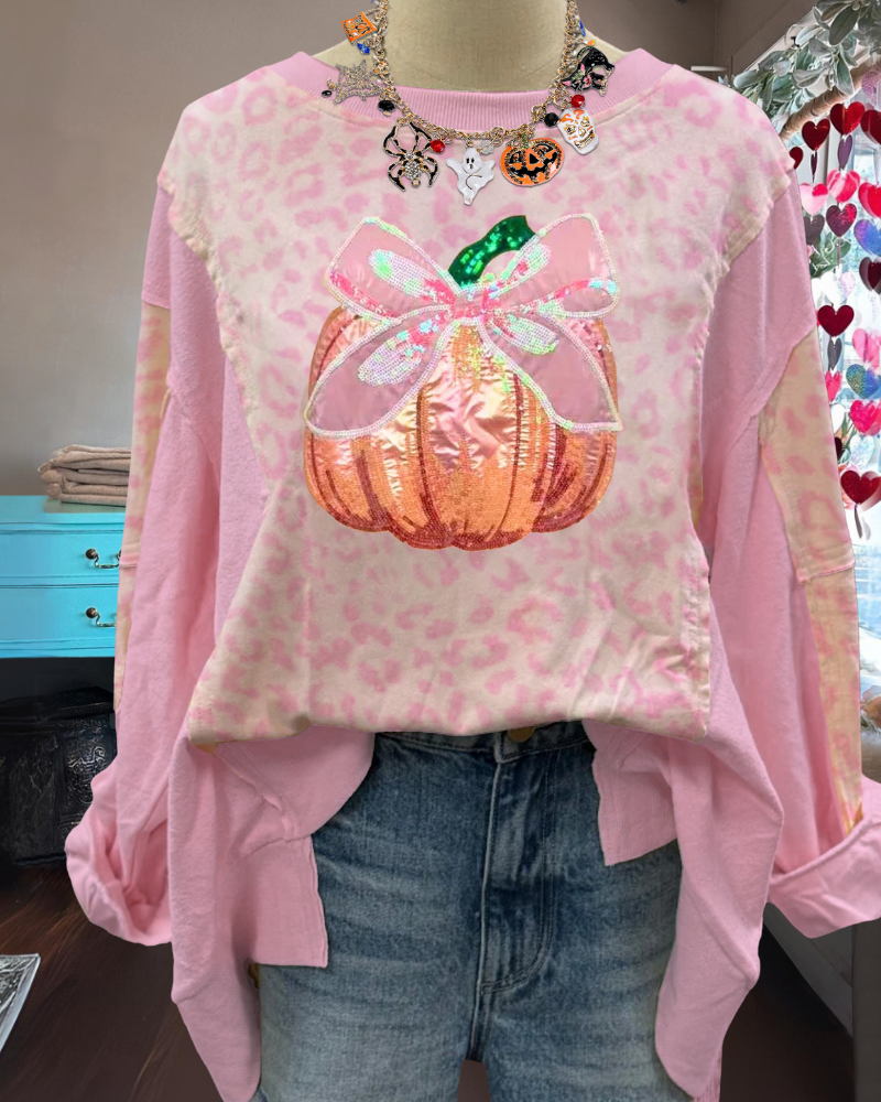 Leopard Bow Pumpkin Sequined Sweatshirt