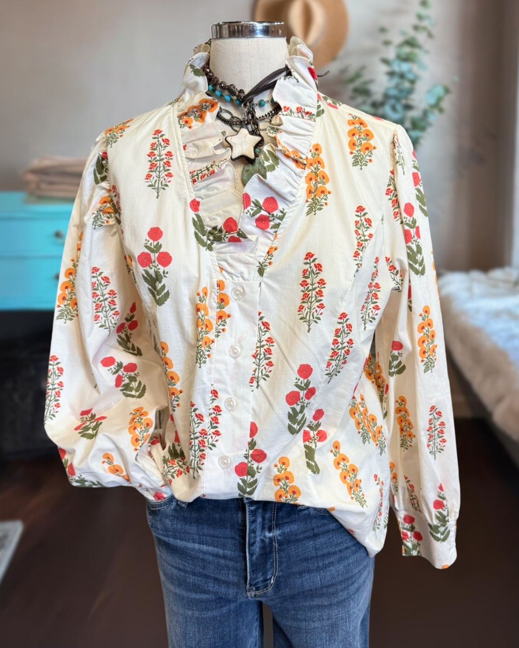 Satin Bouquet Ruffle Blouse