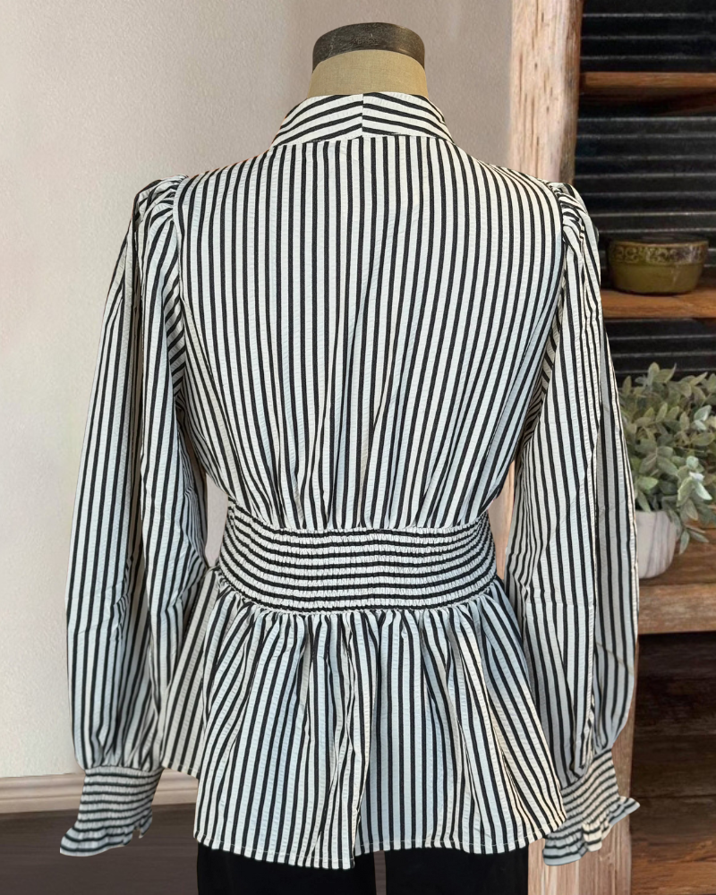 Classic Stripe Zip-Up V-Neck Top