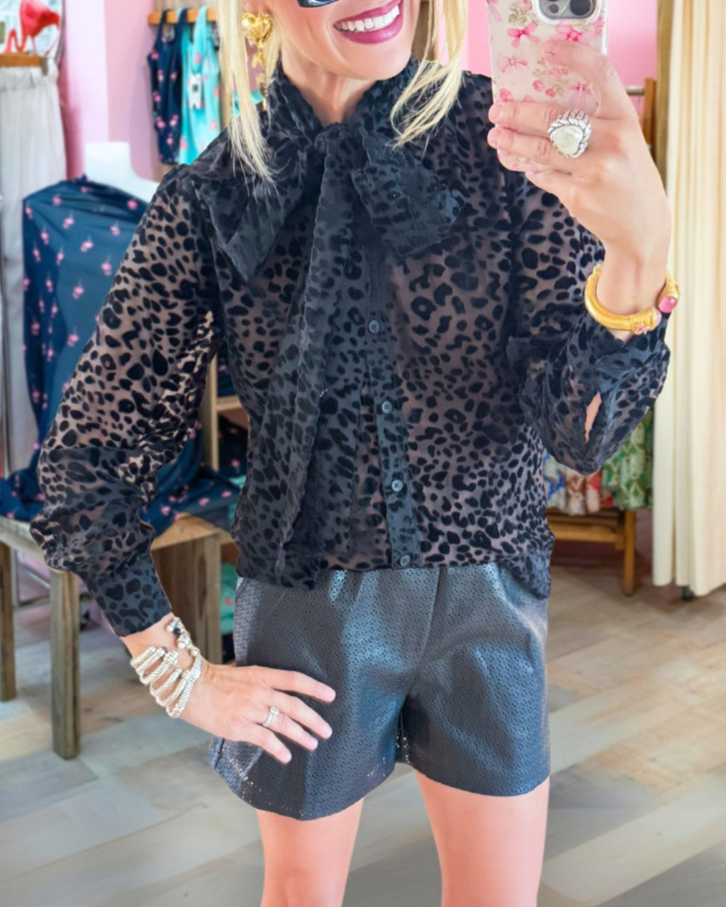 Leopard Chiffon Flocking Button Down Top
