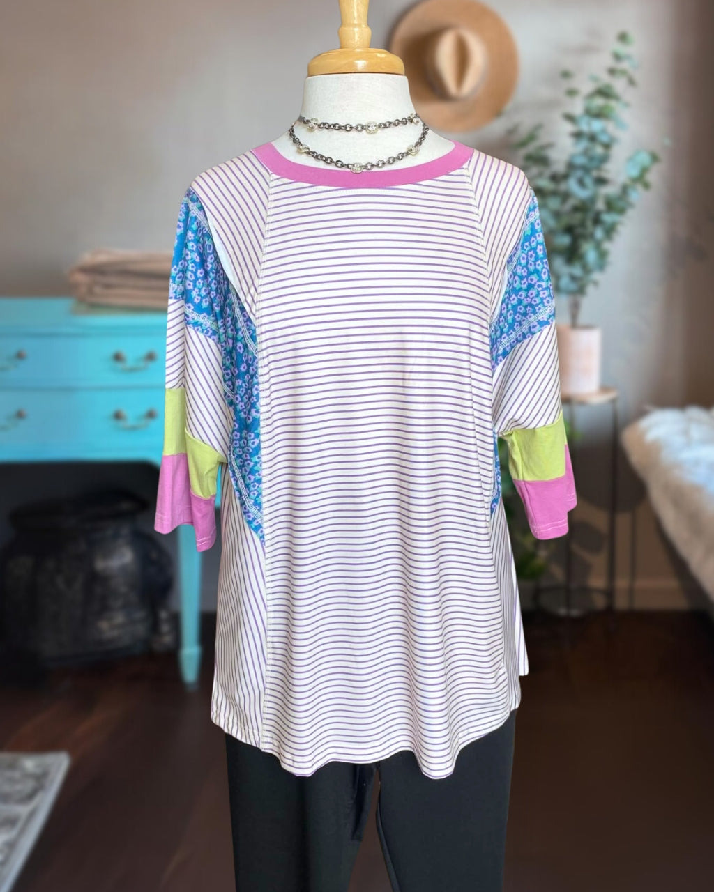 Floral Stripe Color Block Top