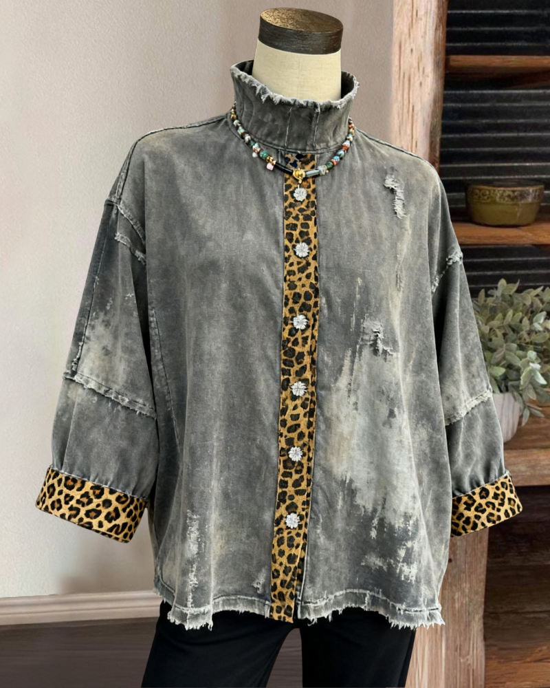 Stylish Leopard Denim Washed Top