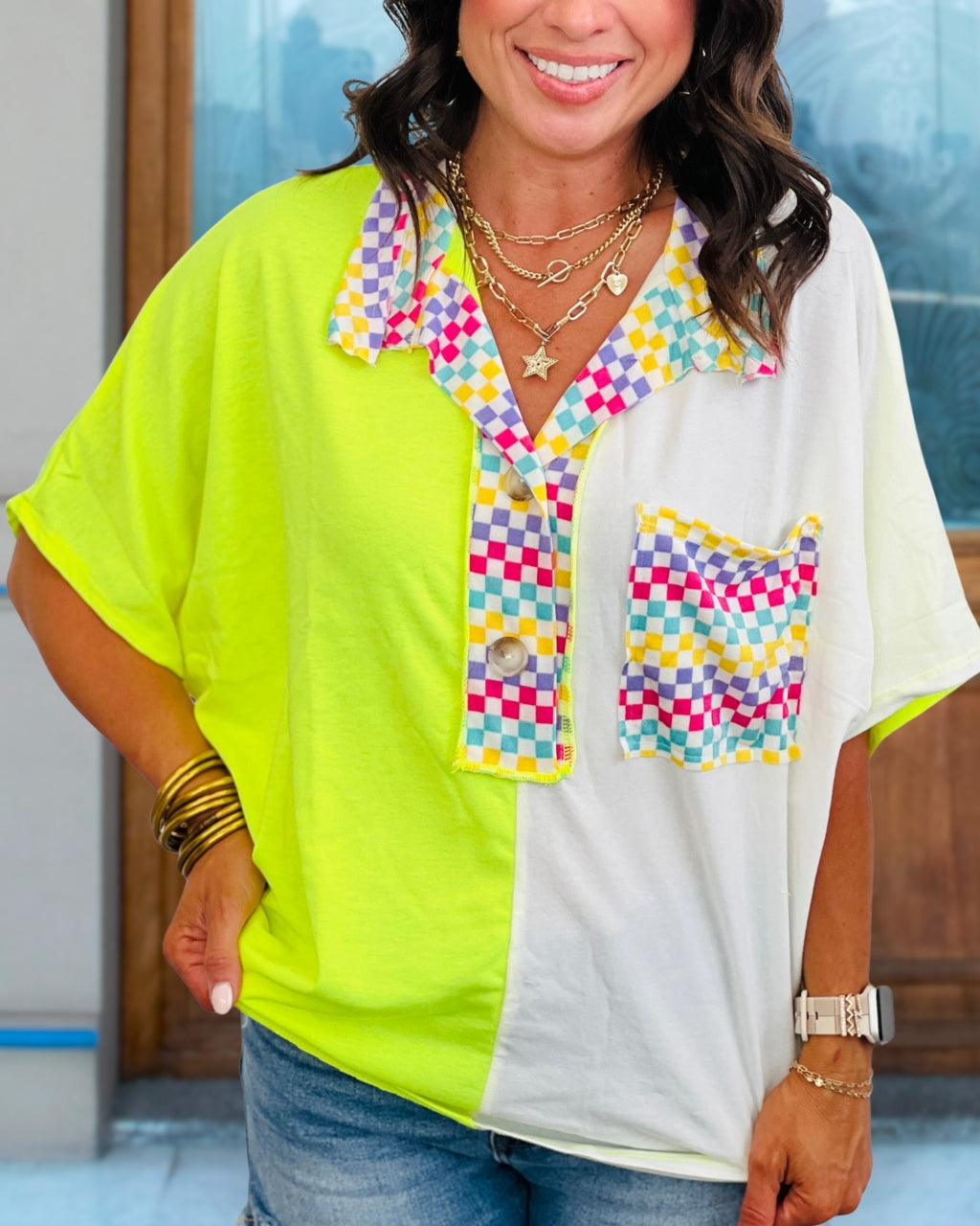 Kitschy Checkered Color Blocked Top