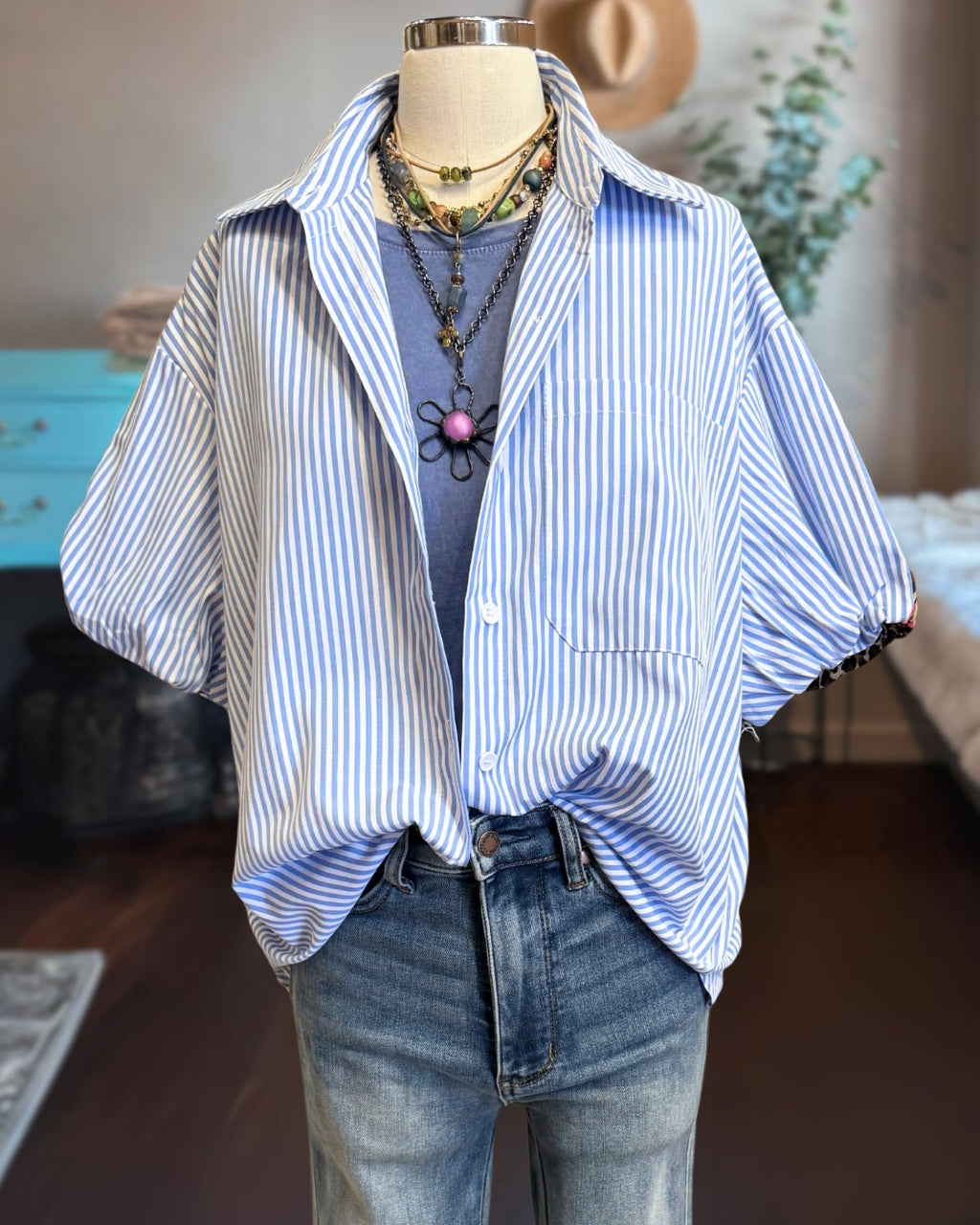 Stripe Leopard Patch Blouse