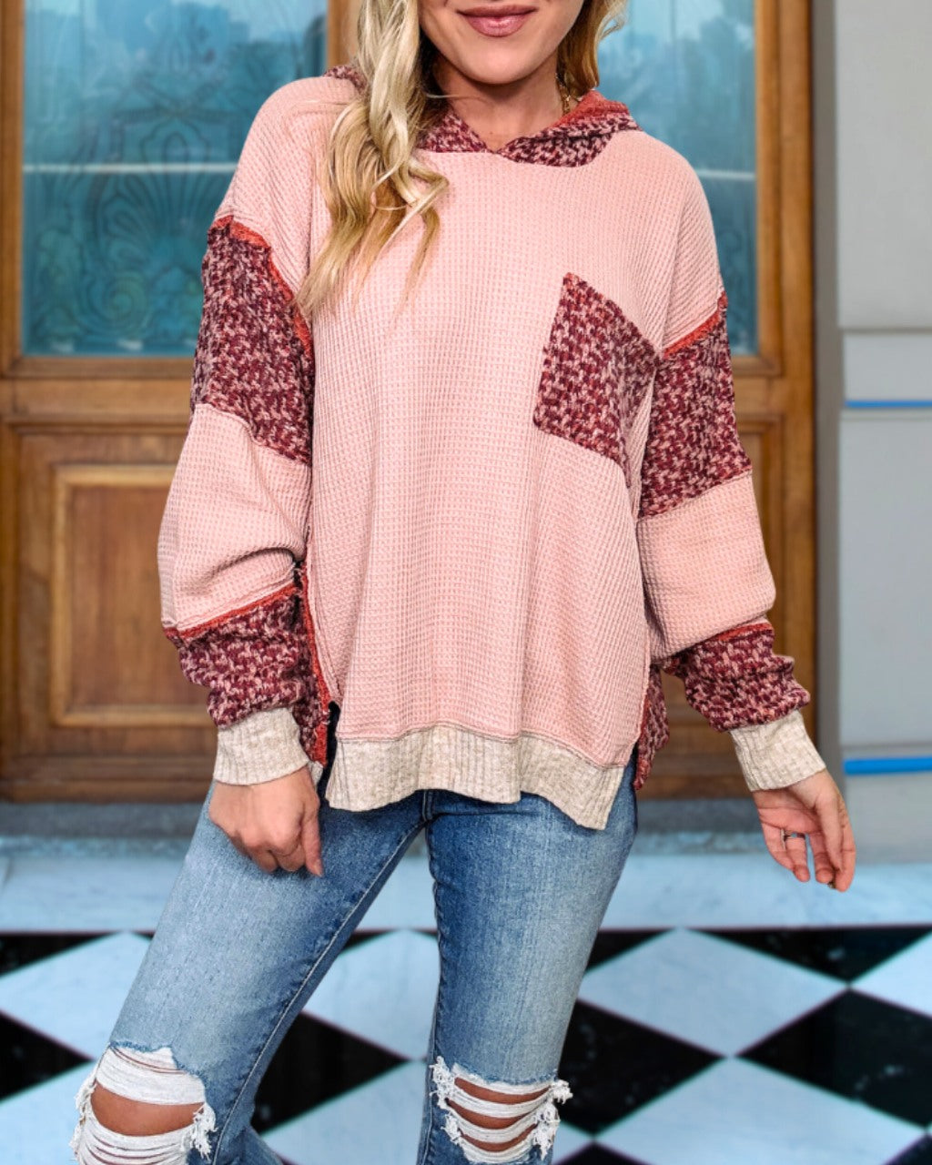 Lively Waffle Knit Patchwork Hoodie