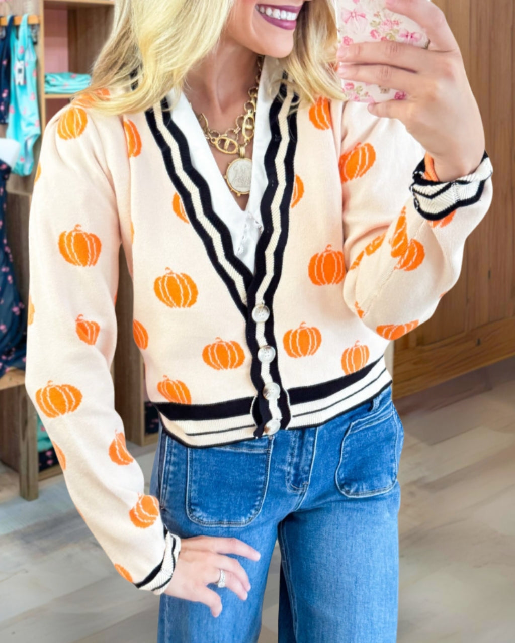 Pumpkin Print Knitted Cardigan