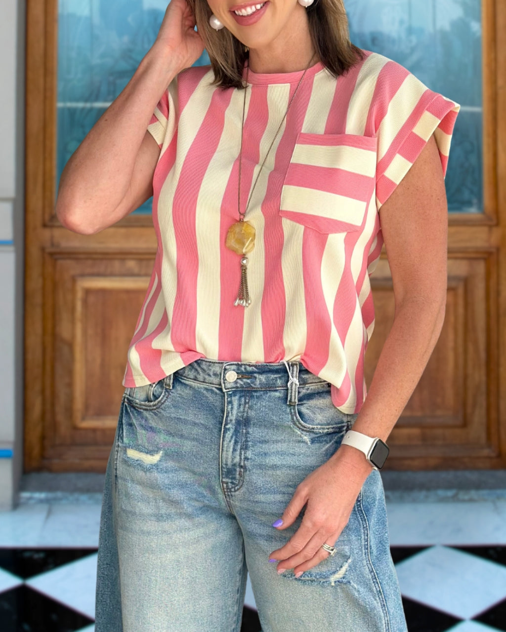 Round Neck Pocket Stripe Top