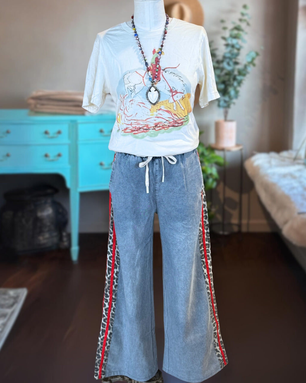 Leopard Wide-Leg Denim Pants