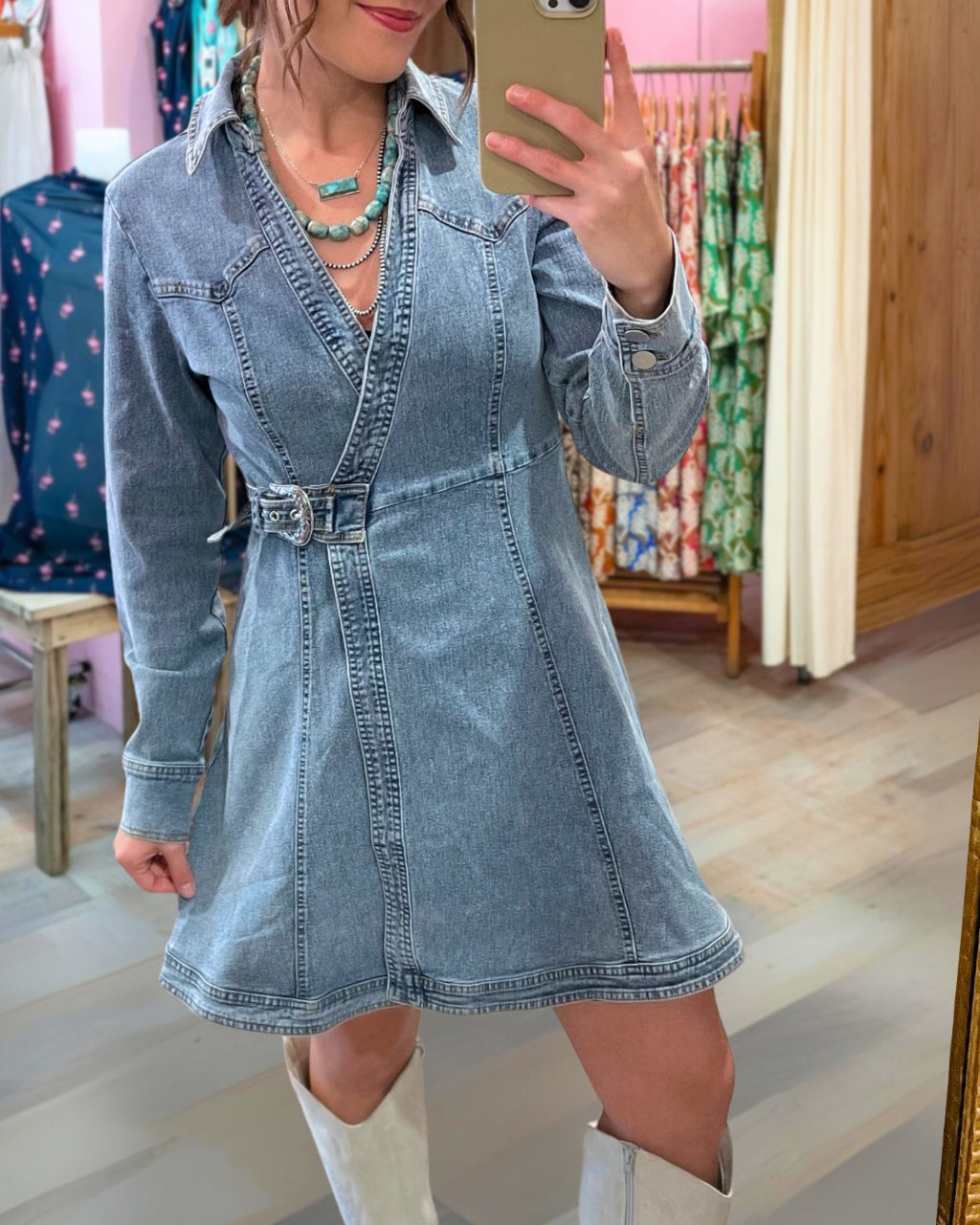 Denim Buckle Swing Dress