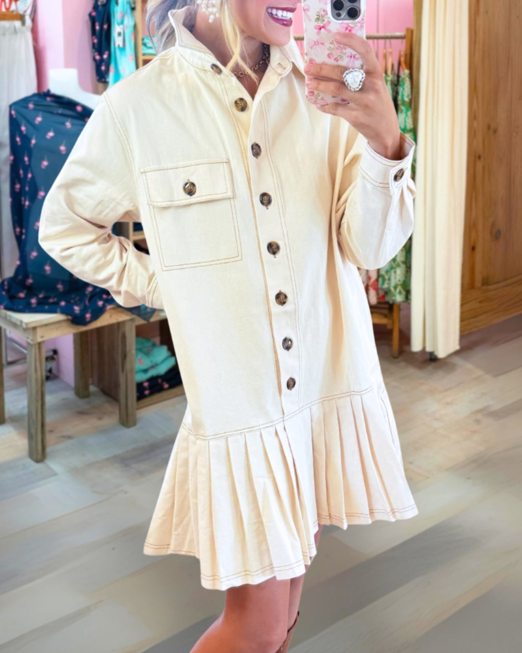 Pleated Hem Collared Button Dress