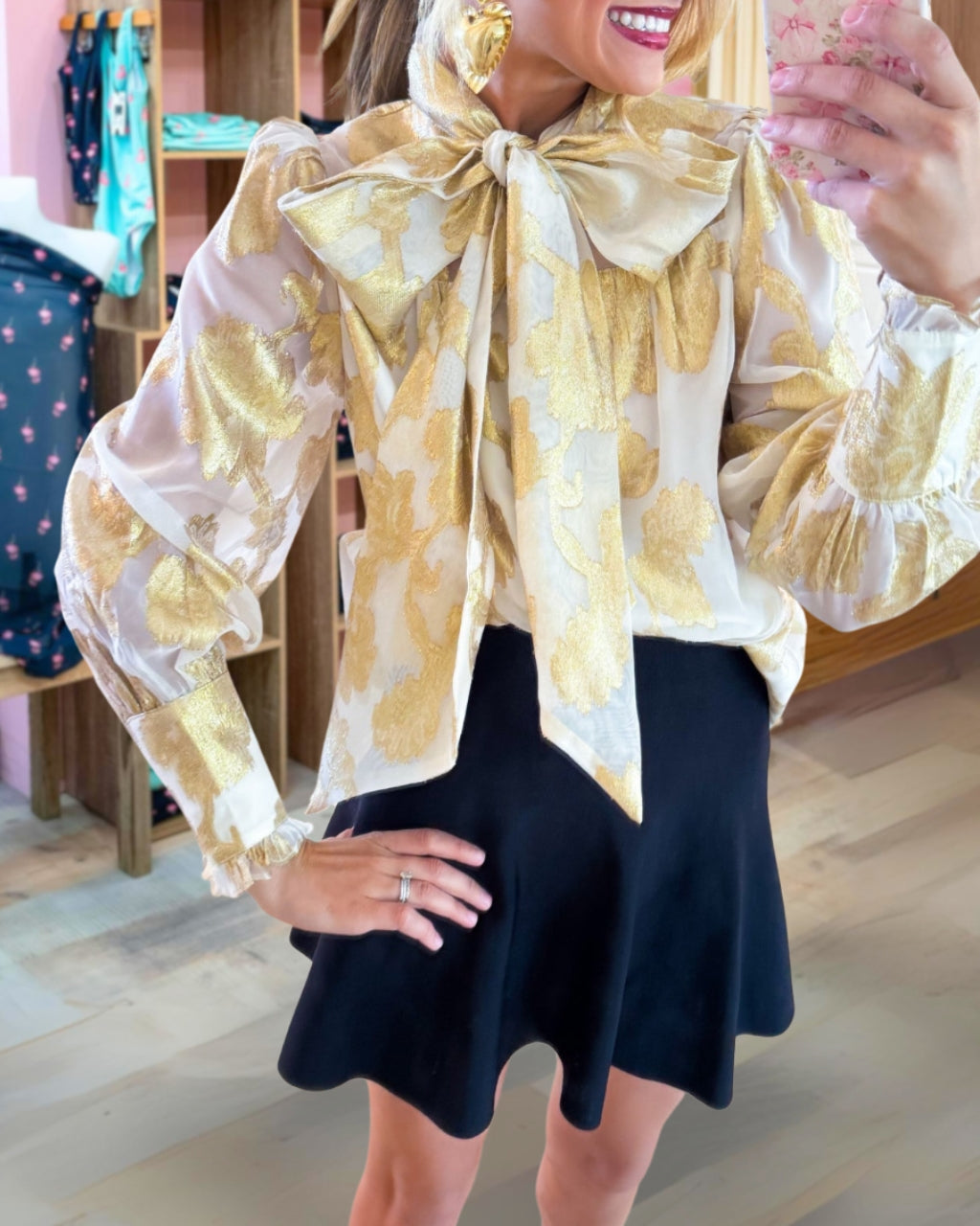 Chic Satin Floral Print Bow Blouse