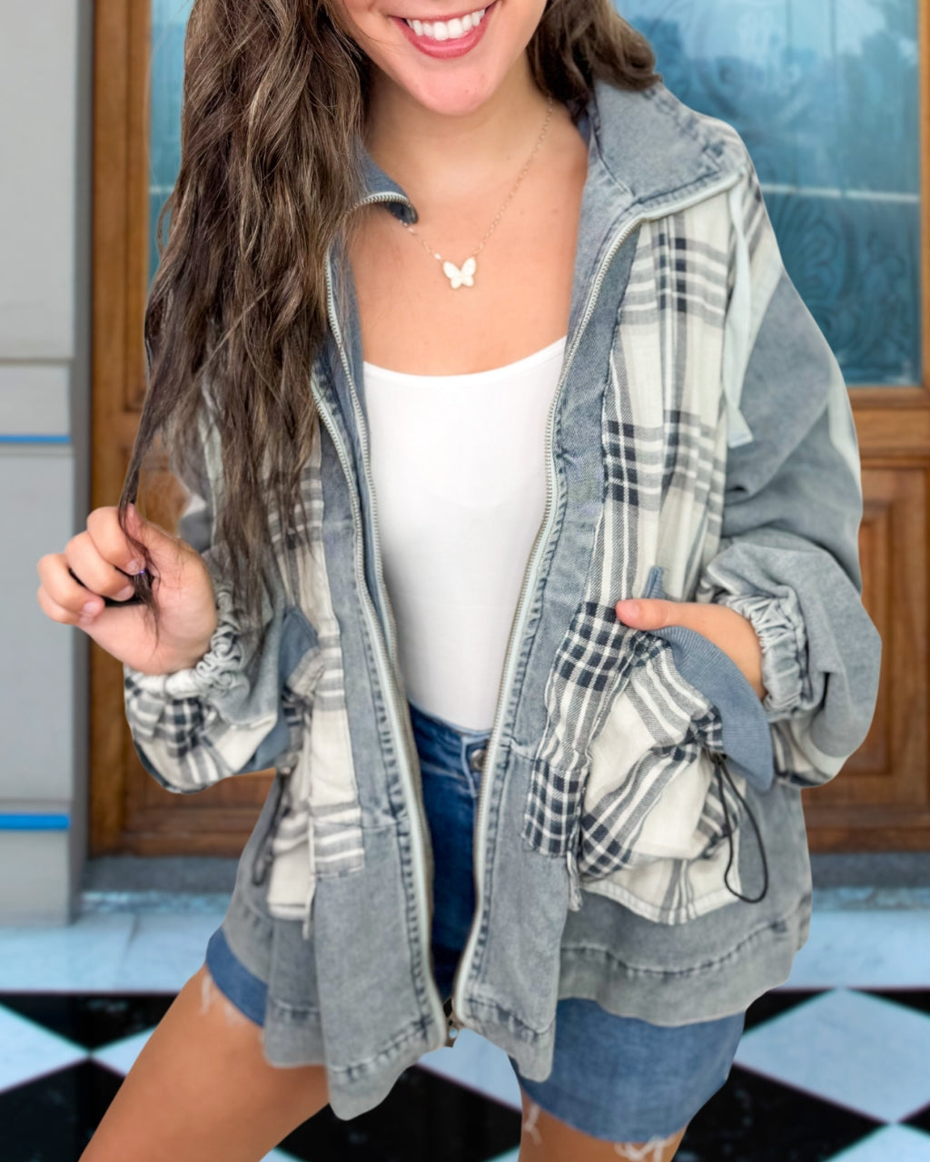 Stylish Plaid Denim Patchwork Jacket