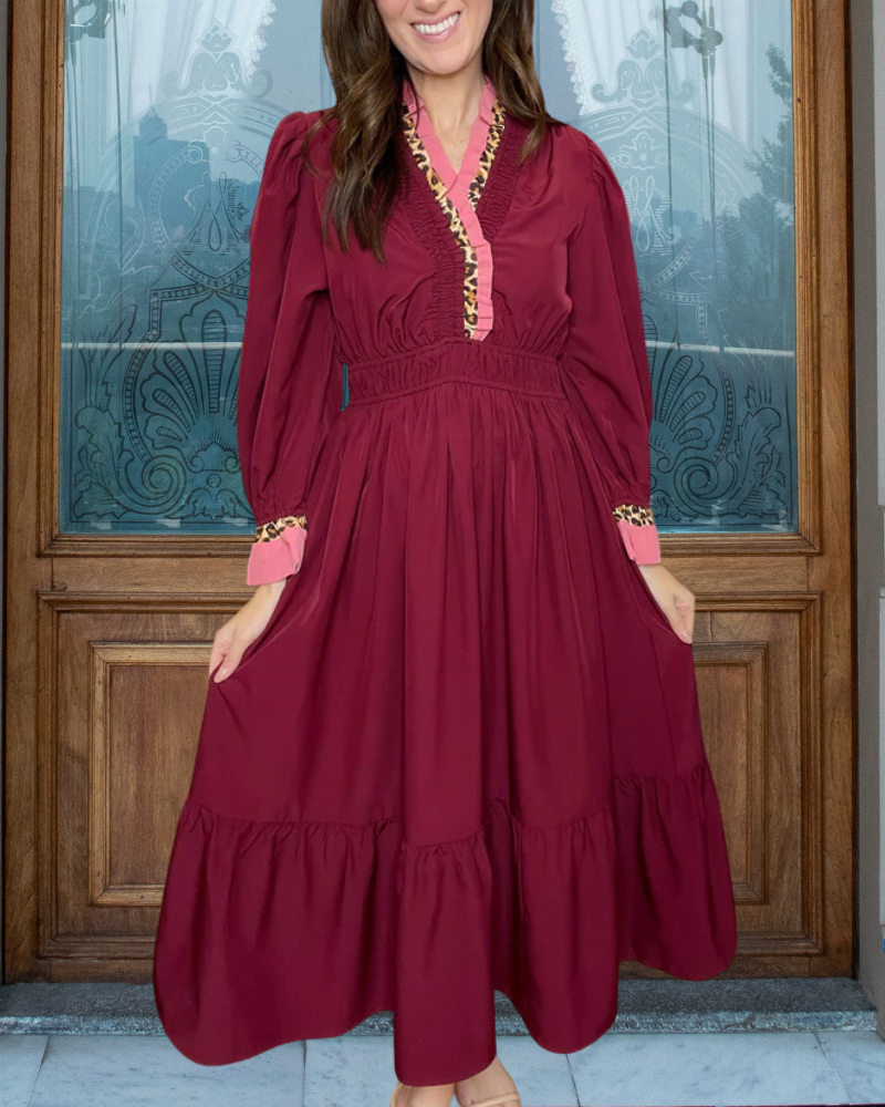 Ruffled Leopard Trimmed Maxi Dress