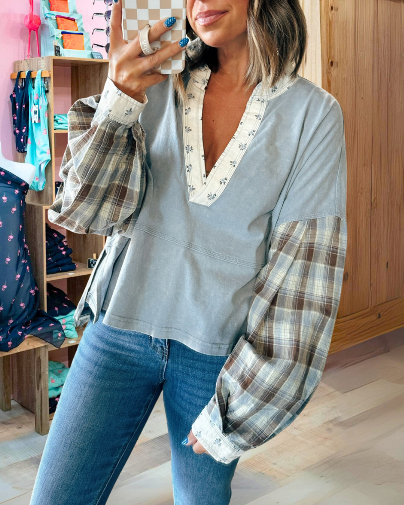 Floral Trim Plaid Sleeve Top