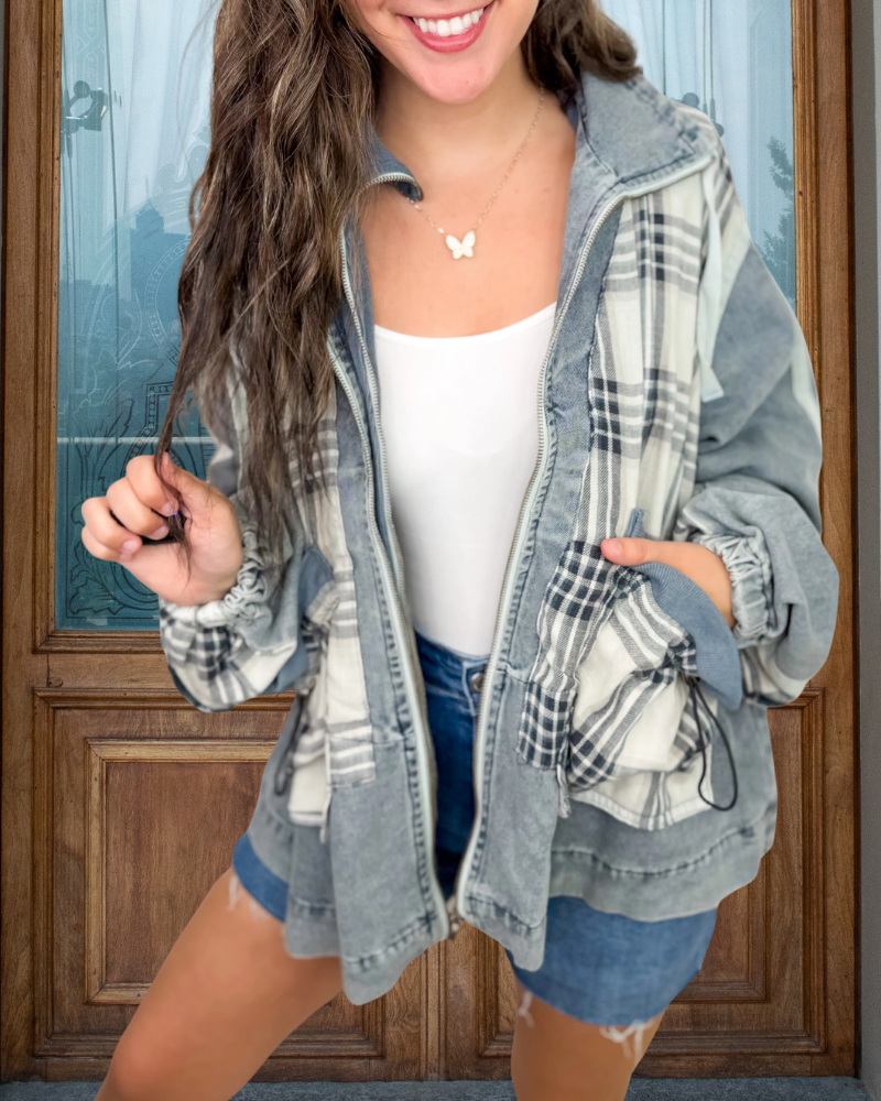Oversized Plaid Zip-Up Jacket