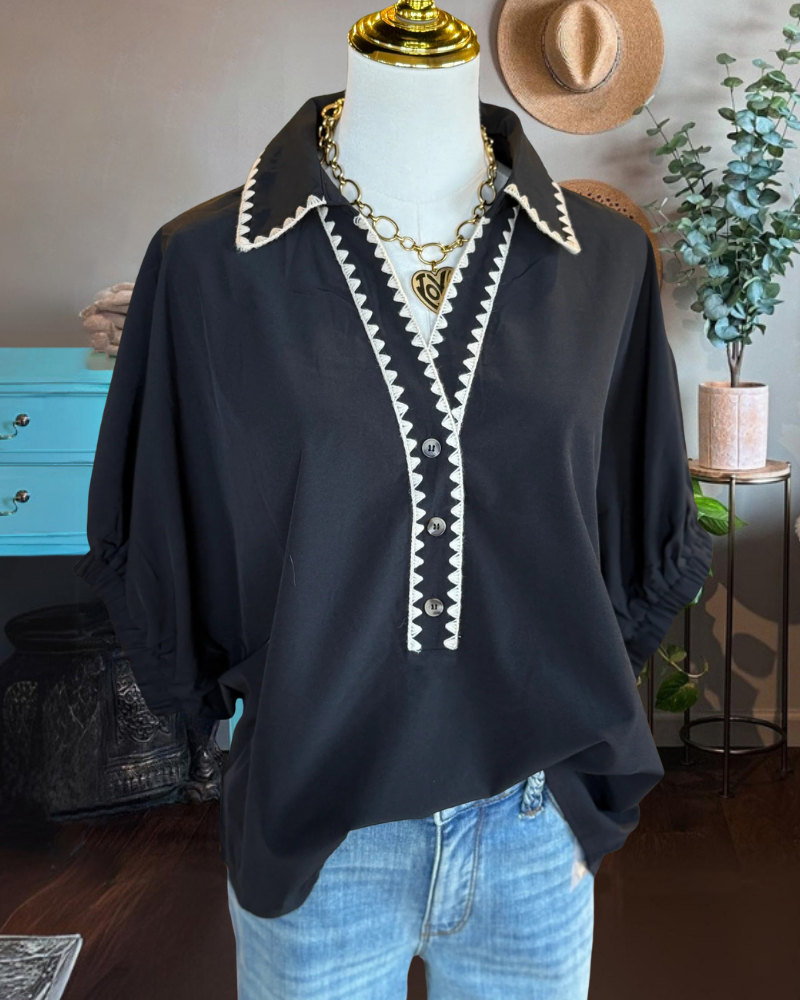 Wavy Stripes Trim V-neck Satin Top