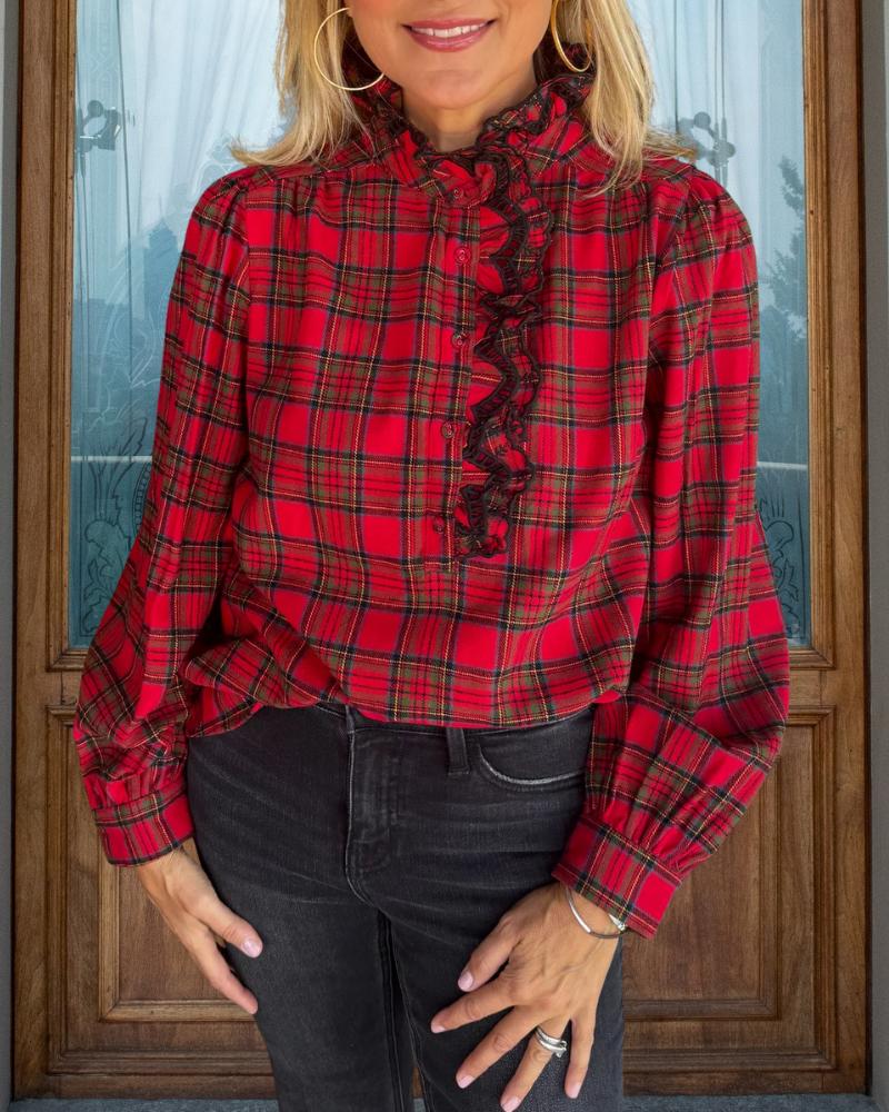 Elegant Ruffled Embroidered Trim Plaid Top