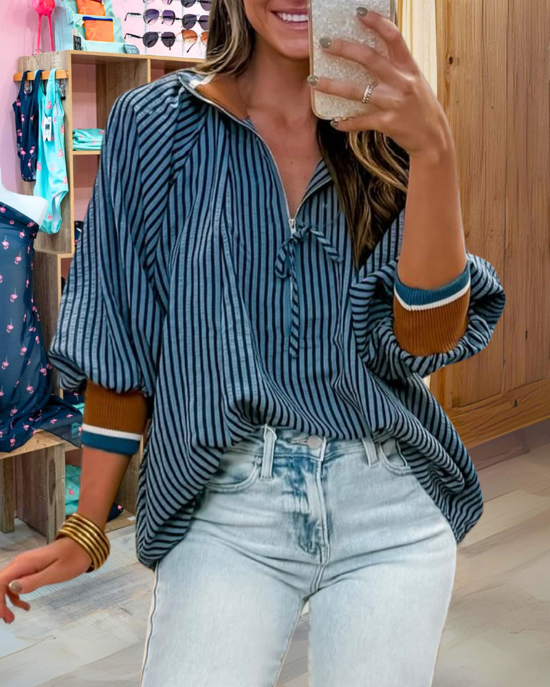 Fashion Contrast Stripe Half-Zip Top
