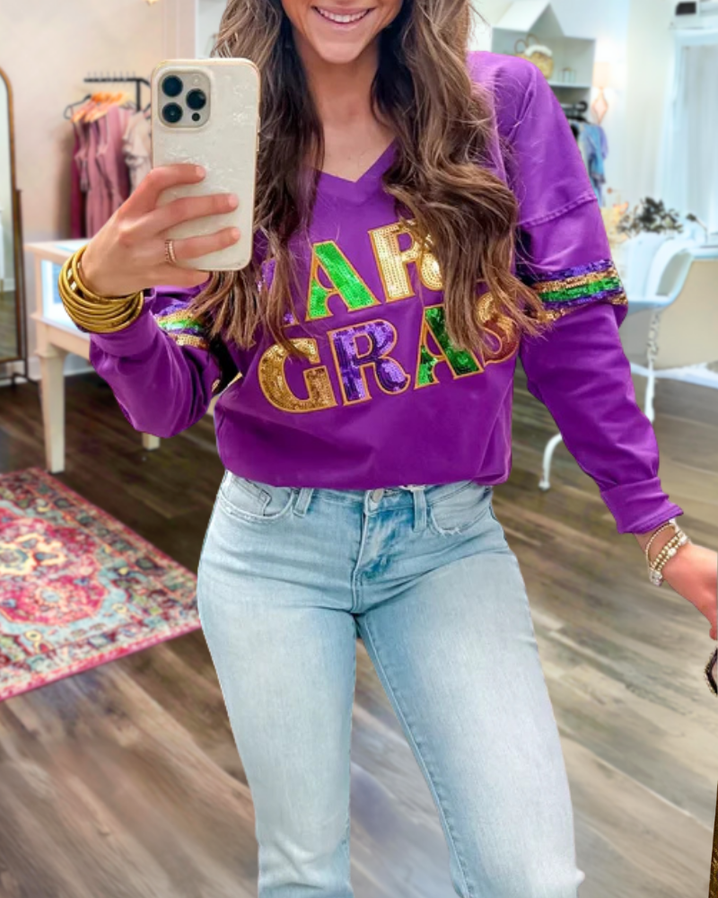 Mardi Gras Embroidered V-Neck Top