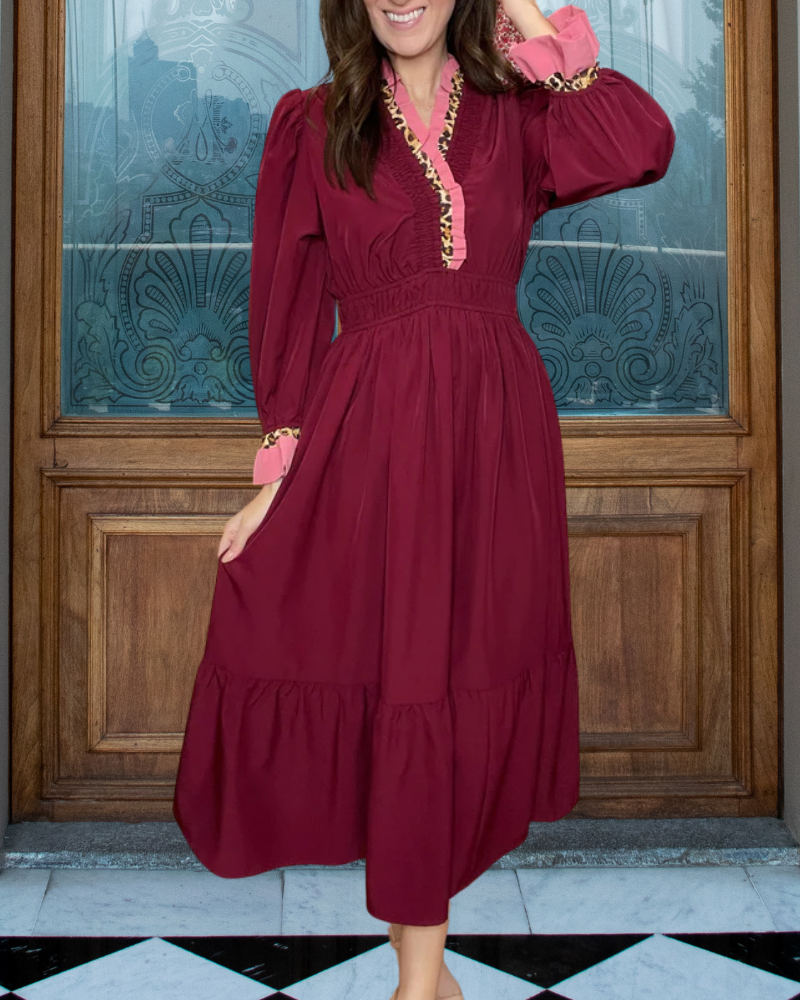 Ruffled Leopard Trimmed Maxi Dress