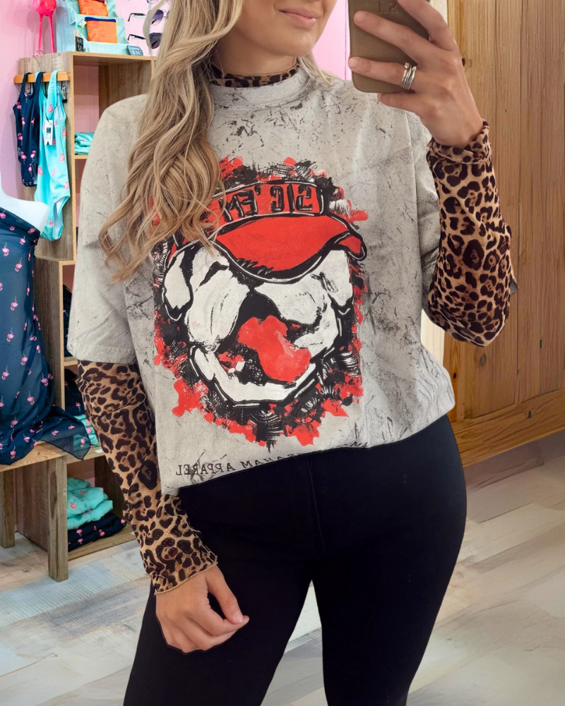 Bulldog Patchwork Leopard Print Top