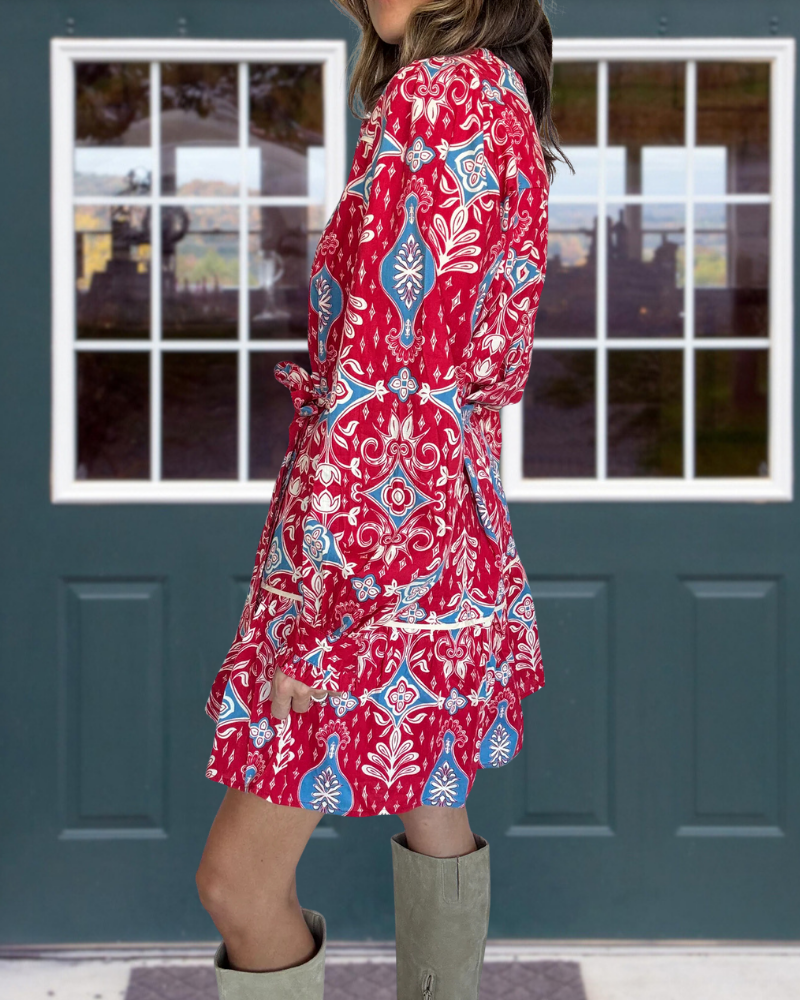 Geometric Floral Button Mini Dress