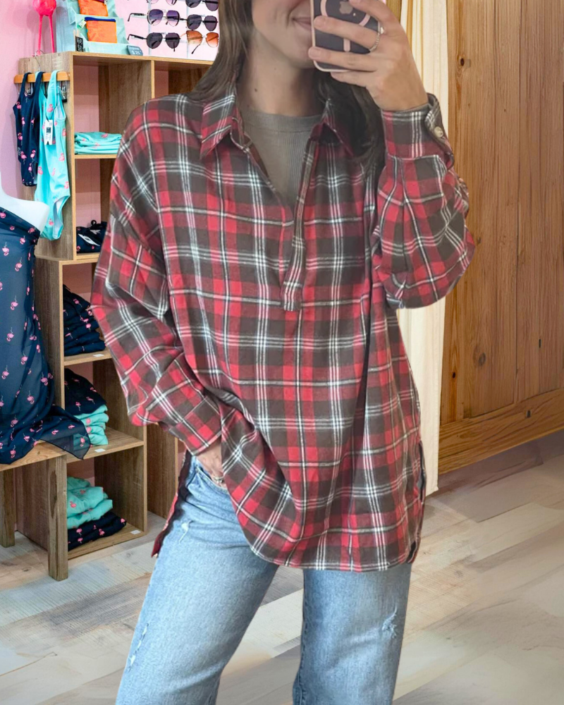 Stylish Plaid Half-open Collar Top