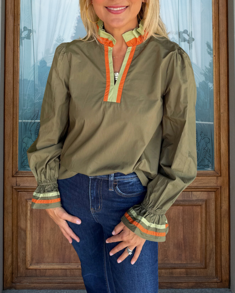Ruffled Stripe Trim V-Neck Top