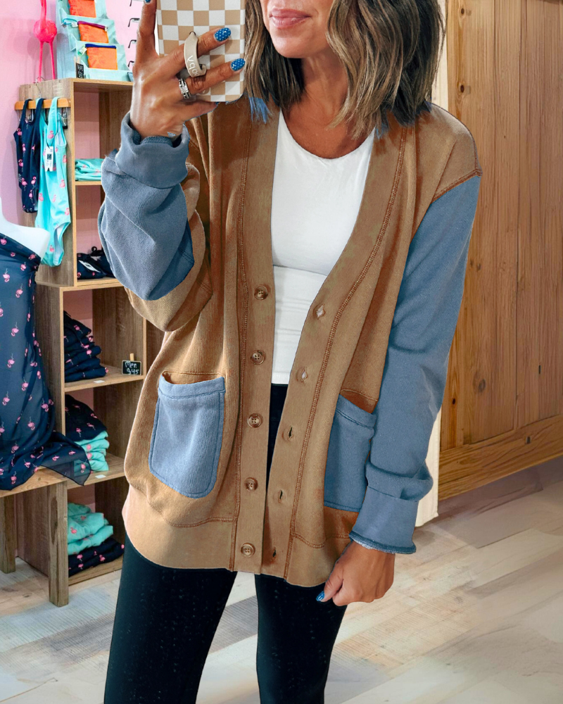 Fashionable Colorblock Button Cardigan