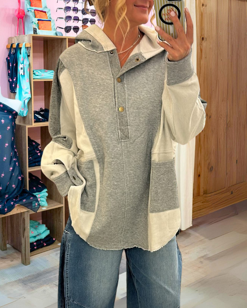Oversized Colorblock Half-Button Hoodie