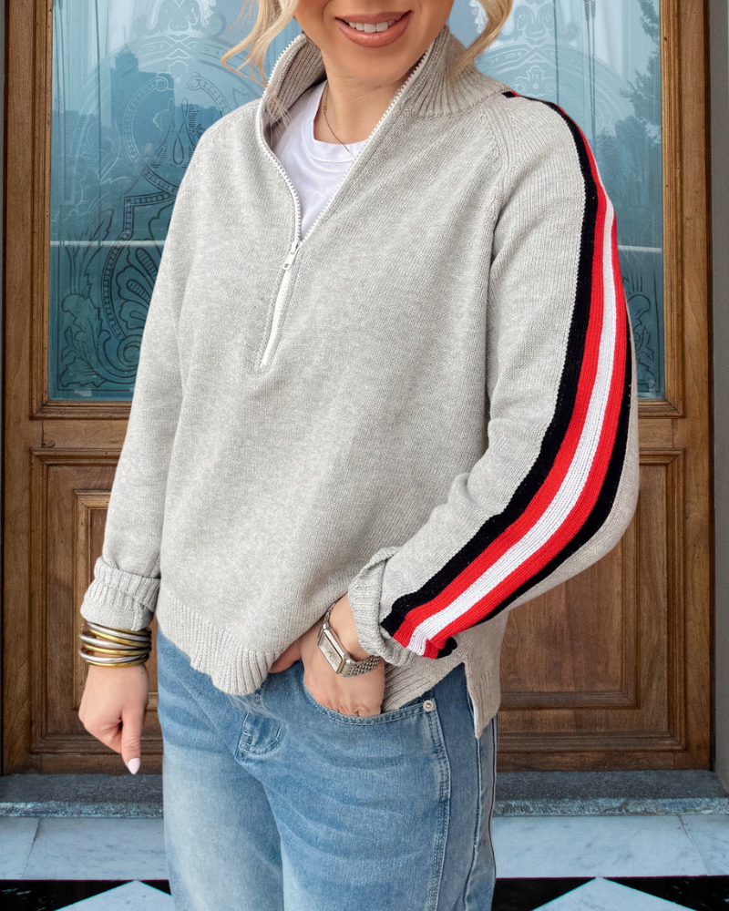 Stripe Trim Half-Zip Sweater