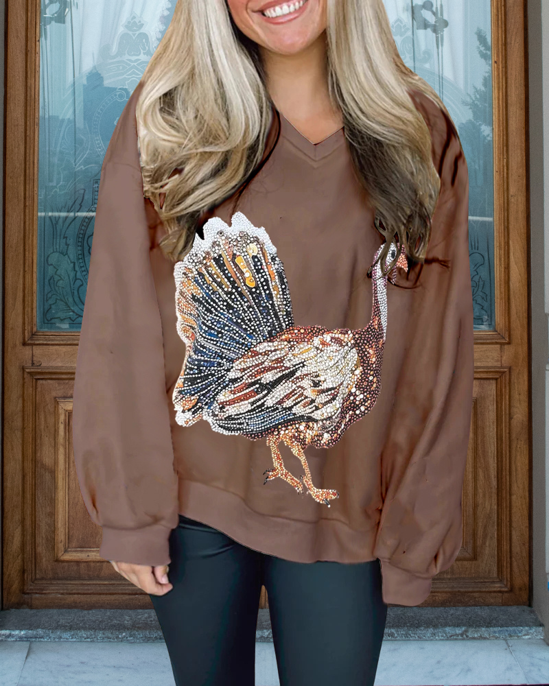 Thanksgiving Turkey Sequined V-Neck Sweatshirt
