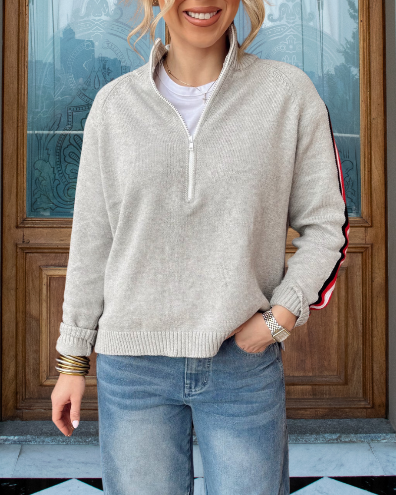 Stripe Trim Half-Zip Sweater