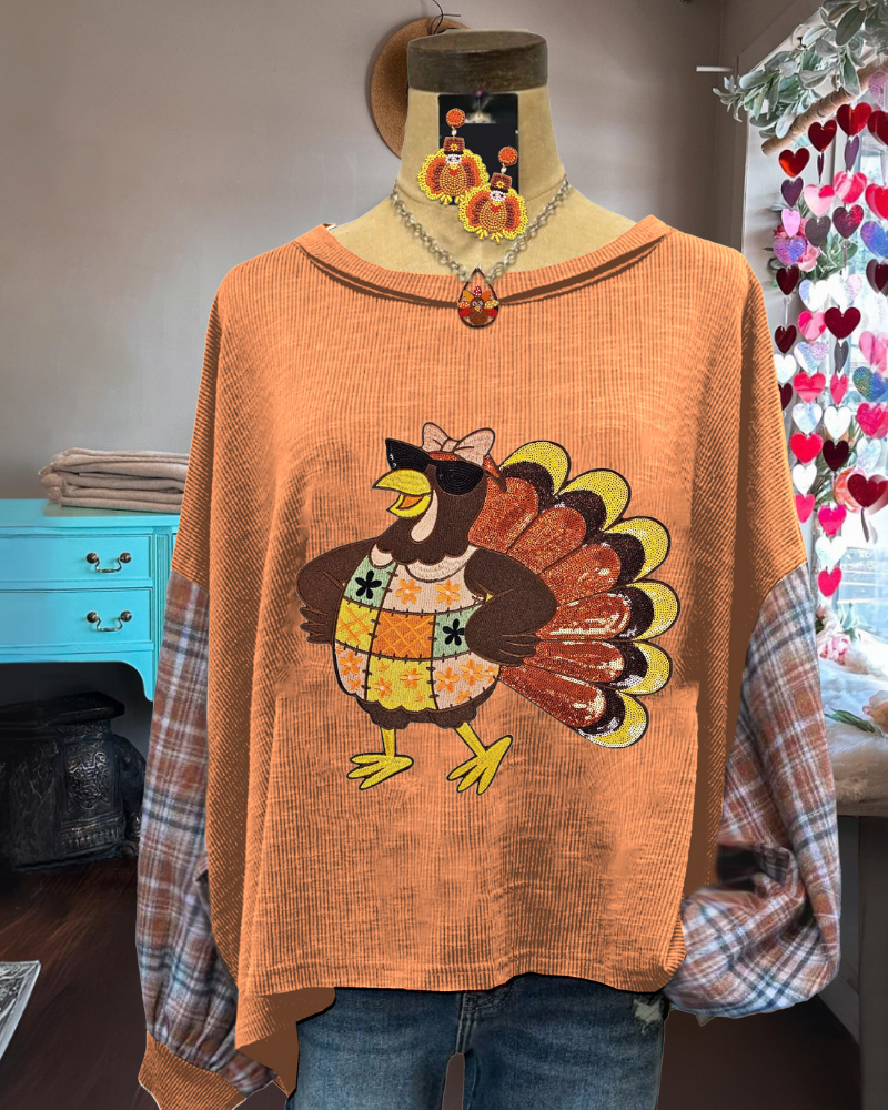Turkey Sequin Patchwork Sleeve Sweatshirt