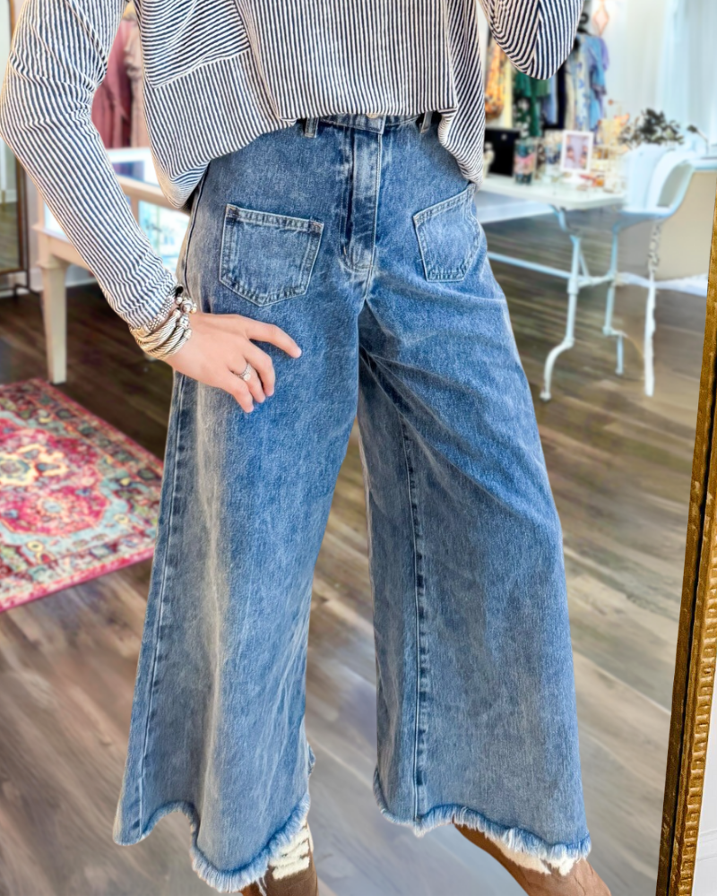 Casual Frayed Denim Wide-Leg Pants