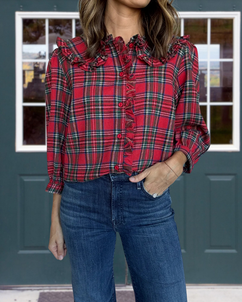 Plaid Ruffled Collar Button Blouse