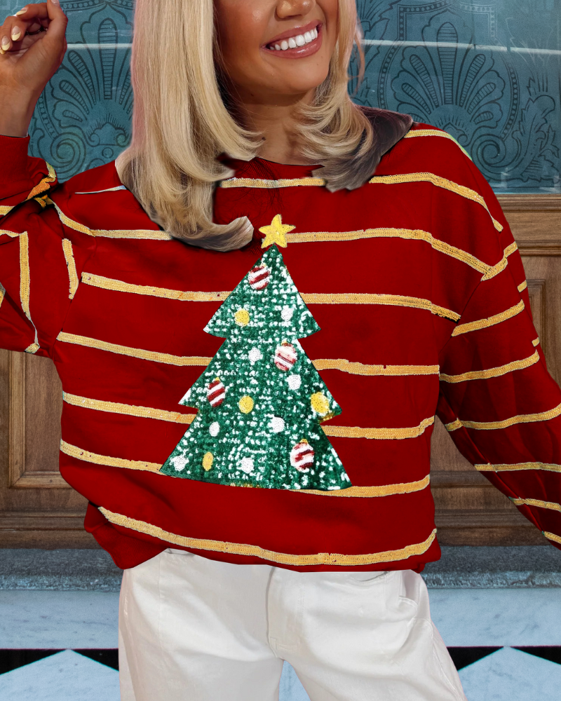 Sequin Christmas Tree Striped Sweatshirt
